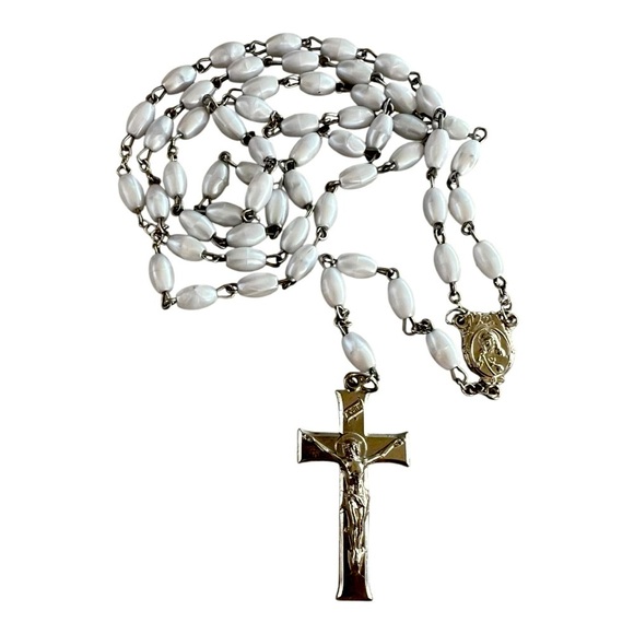 White Beaded Rosary with Silver Cross - Picture 1 of 4